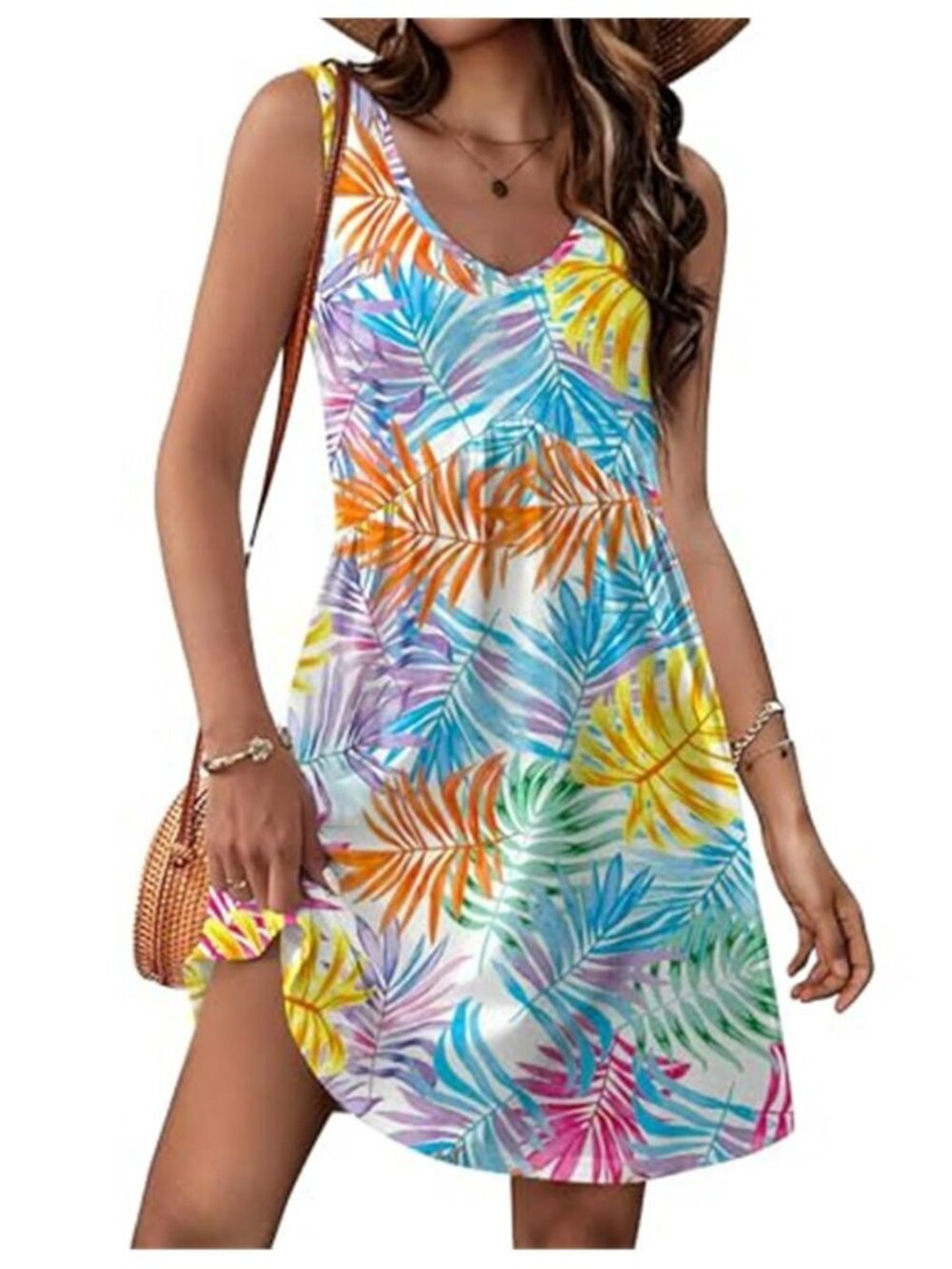 Tropical Leaf  Summer Dresses for Women 2026 Casual Classy Dress V Neck Swimsuit